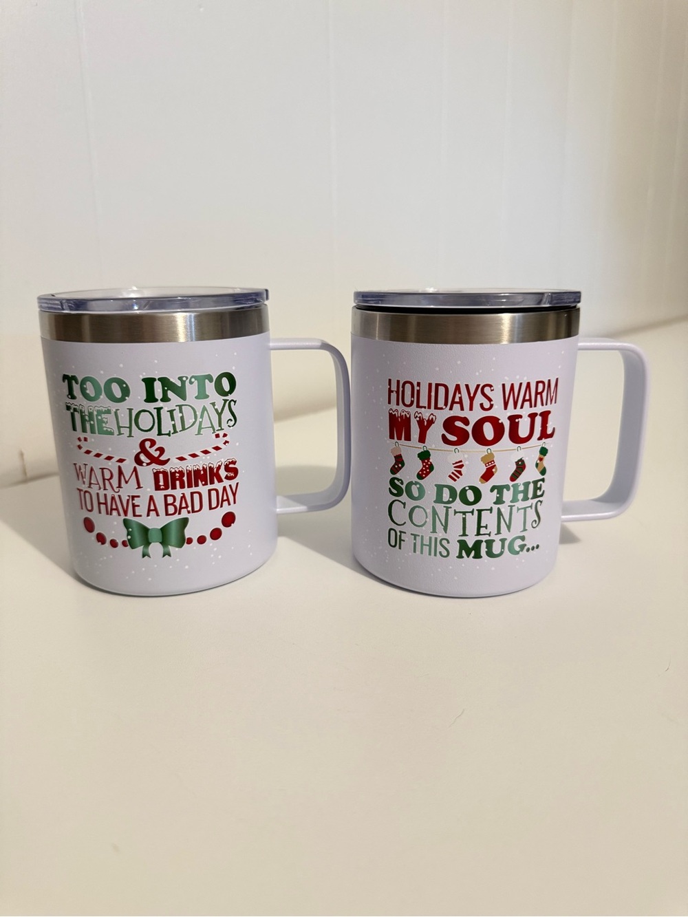 Holiday Graphic White Travel Mug with Red & Green Print